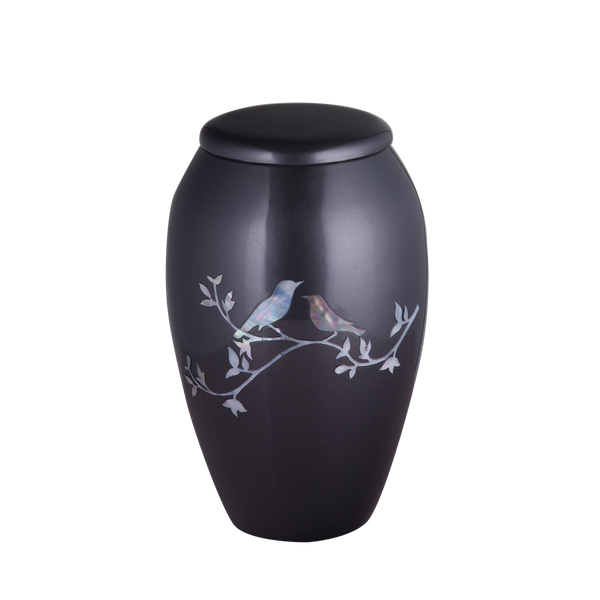 Grey with Mother of Pearl Song Birds Inlay Urn