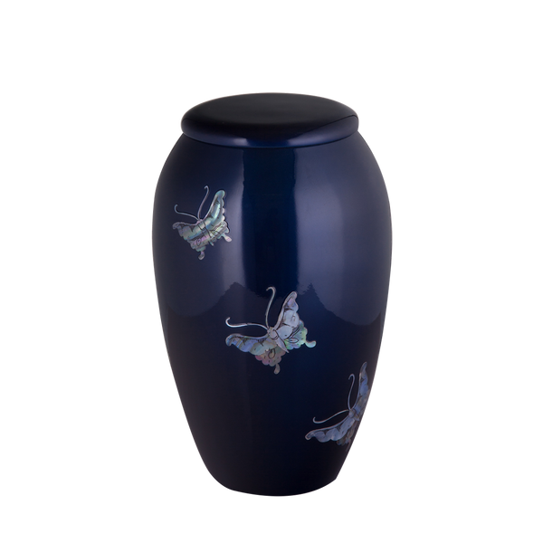 Blue with Mother of Pearl Butterfly Inlay Urn