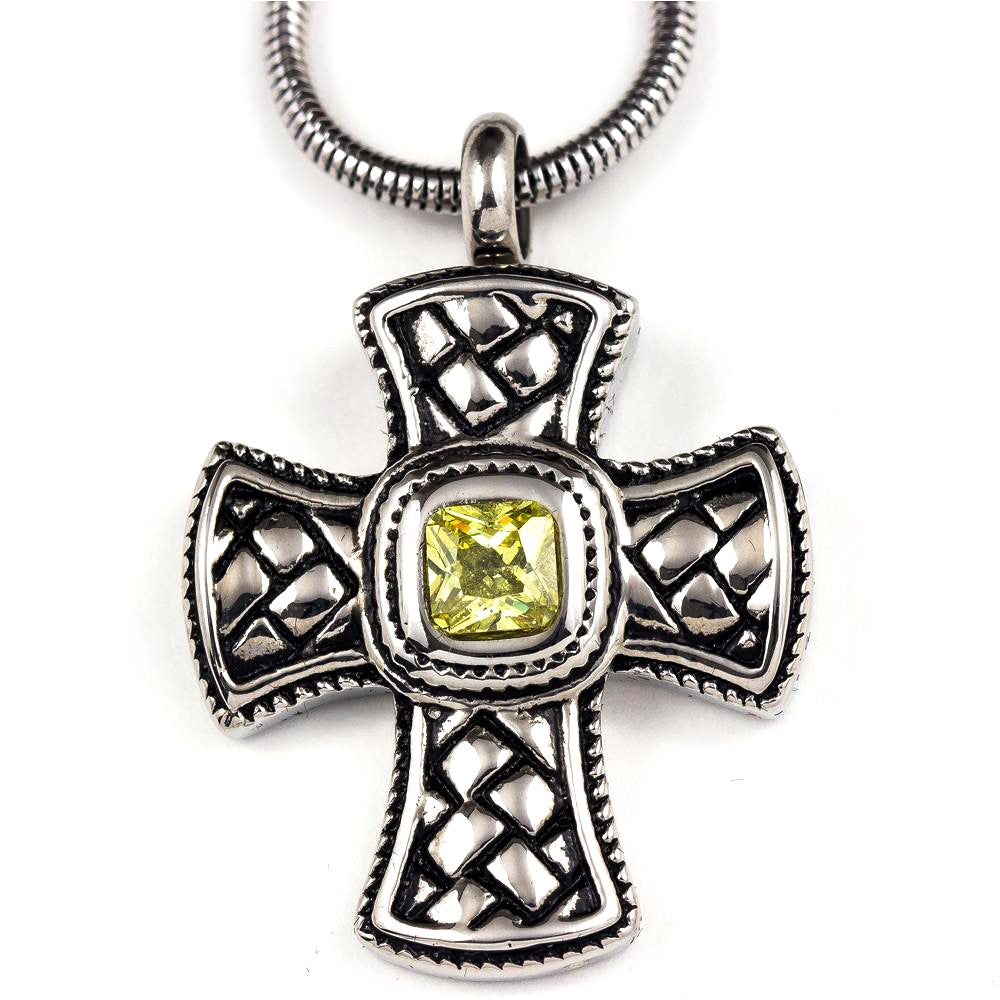 Green Jewelled Cross Stainless Steel Pendant